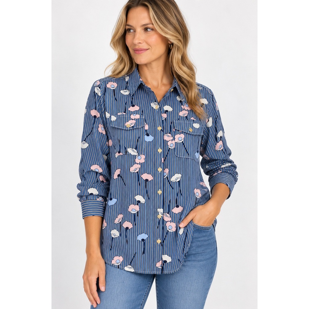 Tommy Hilfiger Lush Life Polished Floral Stripe Button Down Shirt Blue 1X NEW
